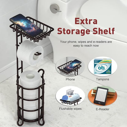 Toilet Paper Holder Stand Tissue Paper Roll Dispenser with Shelf for Bathroom Storage Holds Reserve Mega Rolls-Bronze