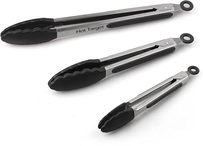 Hot Target Non-Stick Kitchen Tongs for Cooking - Set of 3: 7, 9, 12-Inch Cooking Tongs w/Rubber/Silicone Tips | Stainless Steel Tong, Metal | Salad Tongs, Pasta, Food Serving, Grill Tongs, Bbq