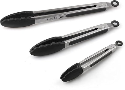 Hot Target Non-Stick Kitchen Tongs for Cooking - Set of 3: 7, 9, 12-Inch Cooking Tongs w/Rubber/Silicone Tips | Stainless Steel Tong, Metal | Salad Tongs, Pasta, Food Serving, Grill Tongs, Bbq