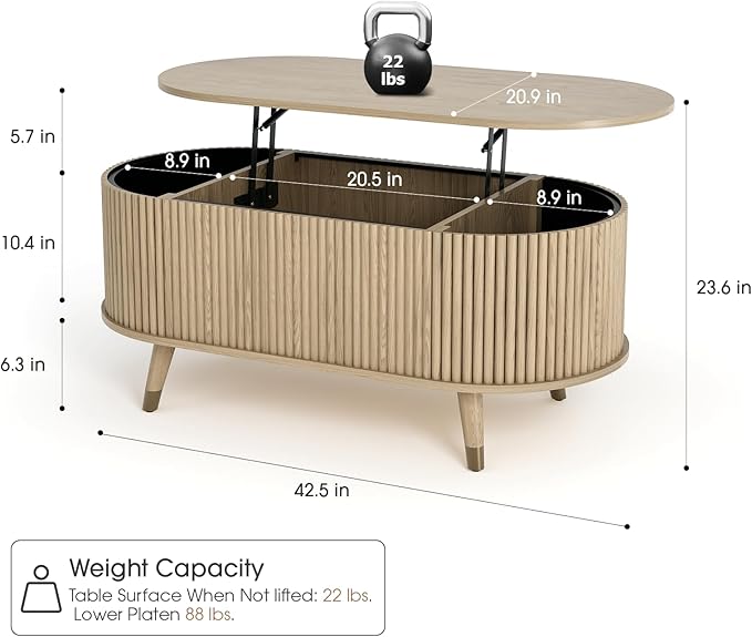 SULIVES Oval Coffee Table with Storage, Multifunctional Coffee Table with Lifting Top, Small Fluted Center Table for Living Room, Oak
