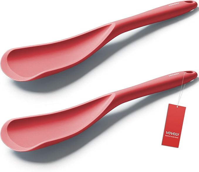 Cooking Spoon for Nonstick Cookwares, VOVOLY Silicone Spoon for Mixing, Scoop, and Scrape,Seamless Design, 12.6'', 2 Pack, Red