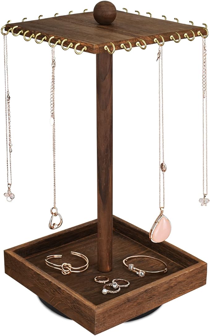 Ikee Design Wooden Rotating Jewelry Organizer, Jewelry Display Tower for Necklace & Bracelet, Rotating Necklace Holder Organizer, Jewelry Stand for Shows, Brown Color, 7.88 W x 7.88 D x 16 H in