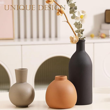 Ceramic Vase Set of 3 - Handcrafted Ceramic Vases for Home Decor & Shelf - Modern Farmhouse Decor for Kitchen, Office, Bedroom & Living Room Decorative Objects for Mantel, Table Centerpieces