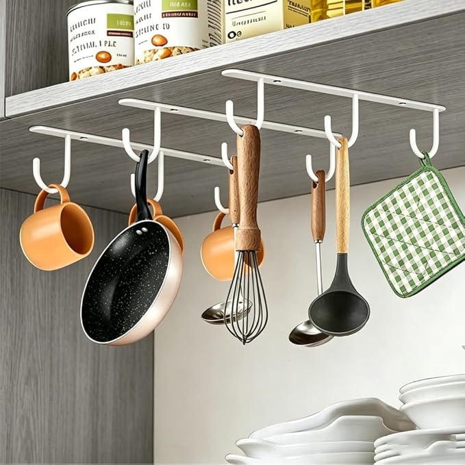 3pcs Mug Hooks,Under Cabinet Mug Holder, Coffee Cups Hook,Mug Hanger Organizer Rack with 9 Hooks for Displaying Mugs, Cups and Kitchen Utensils (White)