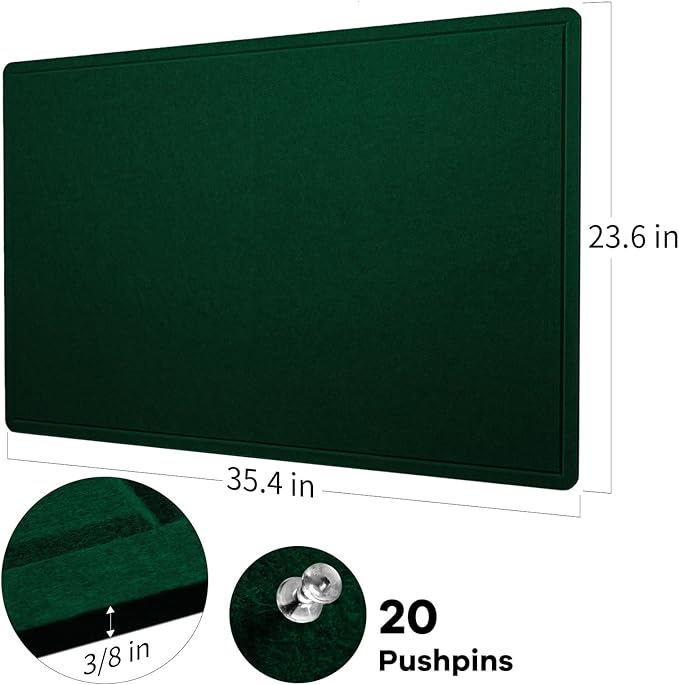 Bulletin Board, 36 x 24 Inches Felt Pin Board - Decorative Cork Alternative for Wall, 3' x 2' Foldable Picture Self-Adhesive Vision Prayer Board With 20 Pushpins - Dark Green