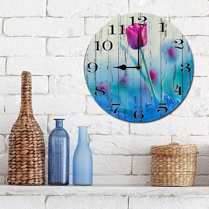 Purple Tulip Wall Clock 10 Inch Silent Non Ticking Battery Operated Wooden Modern Office Simple Minimalist Clock Decorative for Kitchen Home Bathroom Living Room