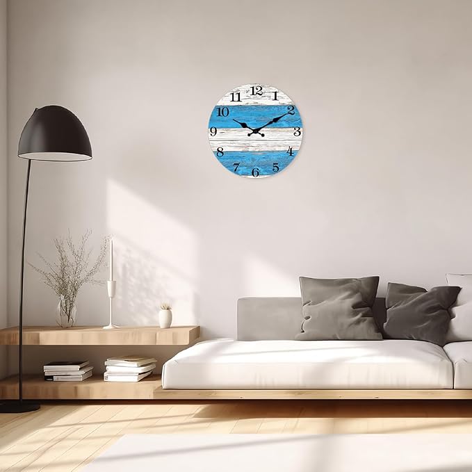 XNM Kitchen Clocks Wall Battery Operated 14 Inch Blue and White Wall Clock Silent Round Farmhouse Clock for Wall(No Solid Wood, It is with MDF Material)