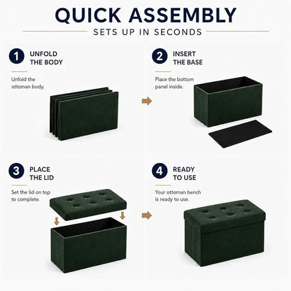 ALASDO 30 Inch Folding Storage Ottoman Bench with Hidden Storage, Velvet Storage Ottoman Foot Rest Stool, End of Bed Bench for Bedroom, Living Room, Entryway and Closet, Dark Green