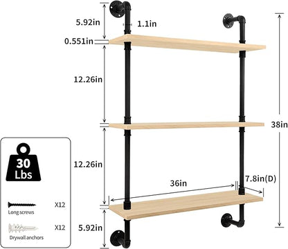 3-Tier Industrial Pipe Floating Shelf – Rustic 36 inch Wood Wall-Mounted Storage Shelf for Kitchen Office,Bathroom & Home Decor -White Oak