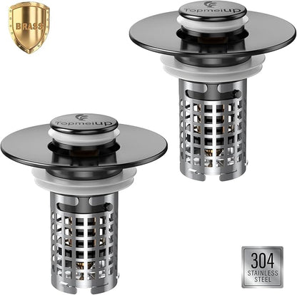 Sink Stopper Hair Catcher, Pop-up Sink Drain Strainer with Removable Stainless Steel Strainer Basket Hair Catcher, Bathroom Sink Strainer for Bathroom Sink Stopper (2, Matte Black)