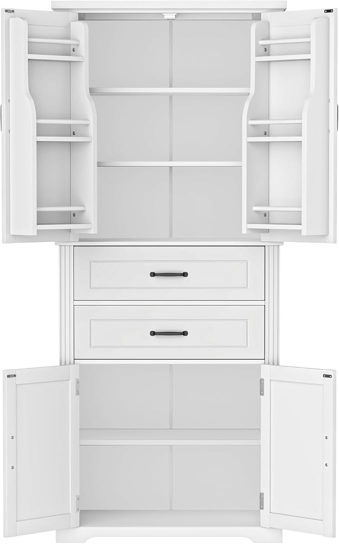 Storage Cabinet,Tall Freestanding Cabinet with Adjustable Shelf | Tall storage cabinet, 4-door design, 5+ shelves, upper door shelves, and 2 pull-out compartments for organized storage