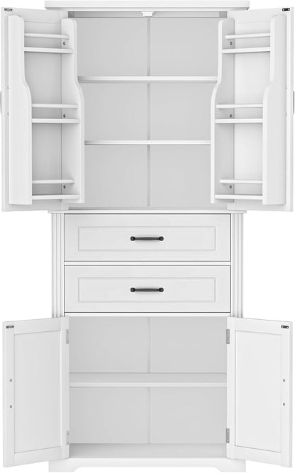 Storage Cabinet,Tall Freestanding Cabinet with Adjustable Shelf | Tall storage cabinet, 4-door design, 5+ shelves, upper door shelves, and 2 pull-out compartments for organized storage