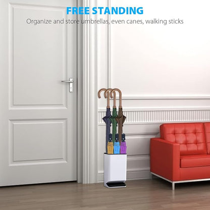 Umbrella Stand Holder for Entryway, Umbrella Rack with Removable Drip Tray Free Standing Organizer for Umbrella Walking Sticks Canes, Stored 6 Umbrellas, Ideal for Home Office Decor, White
