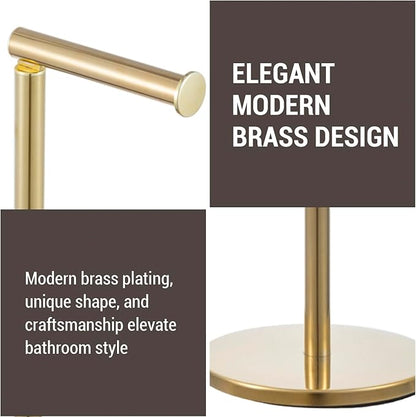 MyGift Modern Brass Tone Metallic Plated Floor Standing Toilet Paper Holder Stand with Roll Reserve Storage Holder, Elegant Freestanding Bathroom Toilet Tissue Dispenser
