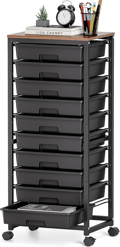 SYKIARIOL Rolling Cart with Drawers,10 Drawer Rolling Cart,Storage Cart,Utility Cart,Teacher Cart for Classroom Storage,Craft Cart with Wheels and Wooden Tabletop,Black