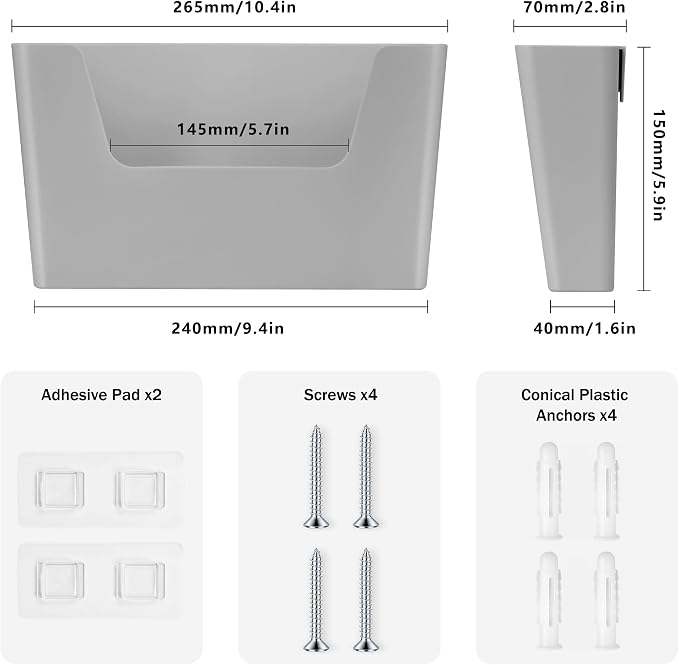 JOMOLA No Drilling File Holder 2 Pack Mail Organizer Wall Mount File Organizer Holder Office Wall Hanging Files Magazines Organizer Plastic Door Mount Wall Pocket with Adhesive Pad, Grey Color
