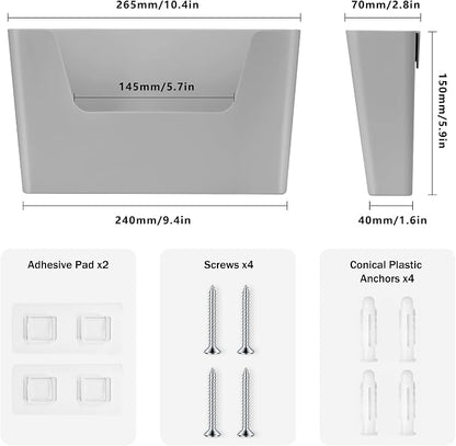 JOMOLA No Drilling File Holder 2 Pack Mail Organizer Wall Mount File Organizer Holder Office Wall Hanging Files Magazines Organizer Plastic Door Mount Wall Pocket with Adhesive Pad, Grey Color
