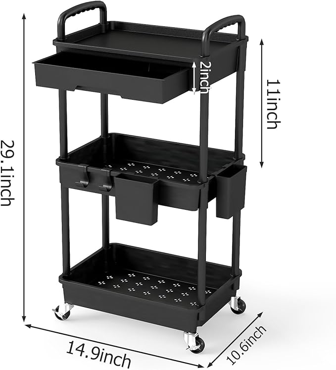 LLMRR 3 Tier Rolling Utility Cart with Drawer, Plastic Storage Organizer Rolling Carts with Wheels Handles Hanging Cups Hooks for Office, Bathroom, Kitchen,Craft Art Room (Black)