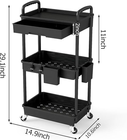 LLMRR 3 Tier Rolling Utility Cart with Drawer, Plastic Storage Organizer Rolling Carts with Wheels Handles Hanging Cups Hooks for Office, Bathroom, Kitchen,Craft Art Room (Black)