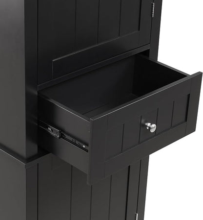 Bathroom Storage Cabinet, Tall Cabinet with Adjustable Shelf | Tall bathroom storage cabinet, 2 enclosed cabinets and middle pull-out compartment keep daily essentials organized
