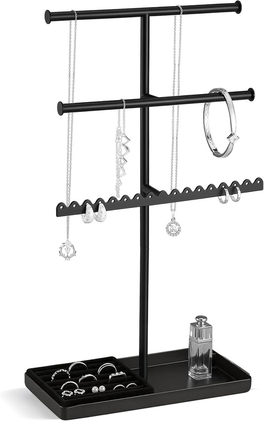 Lolalet 3-Tier Jewelry Organizer Stand, Metal Jewellery Holder, Dresser Display Rack for Necklace Earring Bracelets Rings, Gift for Women Girls -Black