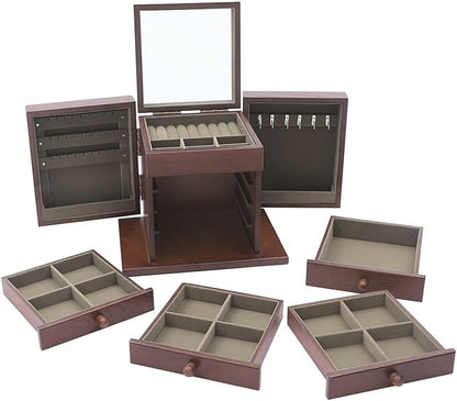 5-Layer Large Jewelry Box Organizer with Mirror and 4 Drawers, Soft Velvet Lining, Wooden Jewelry Boxes & Organizers,Jewelry Storage for Rings Earrings Necklaces Bracelets Christmas New Year Gift