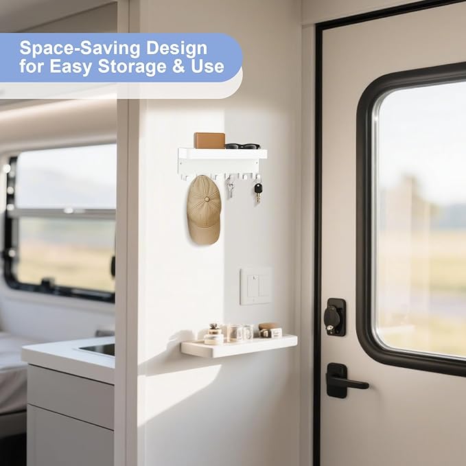 RELBRO Magnetic Key Holder for Fridge, Metal Wall Mount Key Rack with Shelf, 6 Hooks, 2 Installation Options, White