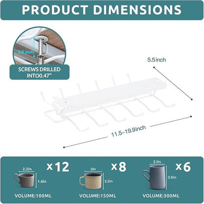 LiaMeE Sliding Mug Hooks Under Cabinet - Pull Out Coffee Cup Holder Rack with 12 Hooks, Metal Under Shelf Mug Organizer for Kitchen, Space Saving Hanging Storage (White，2PCS)