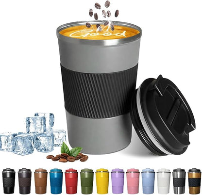 YINBAOGE Insulated Travel Coffee Mug, Spill & Leak Proof, Portable To Go Camping Stainless Steel Coffee Tumbler, Reusable Thermal Coffee Cup with Lid for Hot & Cold Drinks (Grey, 17 OZ)