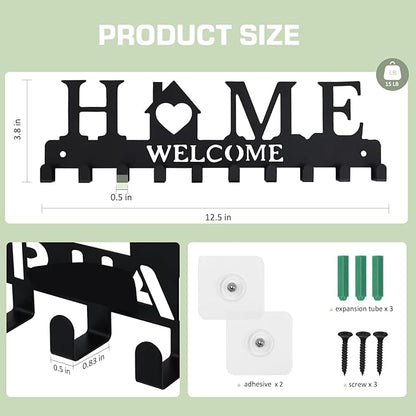 Key Holder Wall Mount, Metal Adhesive Key Hanger with 10 Hooks, 2 Installation Methods, Black