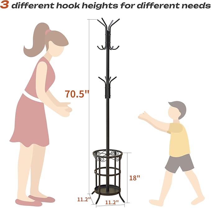 GHWIE Coat Rack Freestanding, Coat Tree with Umbrella Holder, Metal Coat Rack Stand with 12 Hooks, Standing Coat Hanger Stand, Umbrella Stand for Entryway, Hat Rack Stand for Home Office, Brown