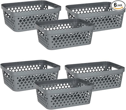 Glad Plastic Storage Basket Set, Value Pack of 6 | Open Storage Bins for Shelves, Bathroom, Pantry, Closet | Nesting Organizer Boxes with Handles, 2 Gallon, Grey