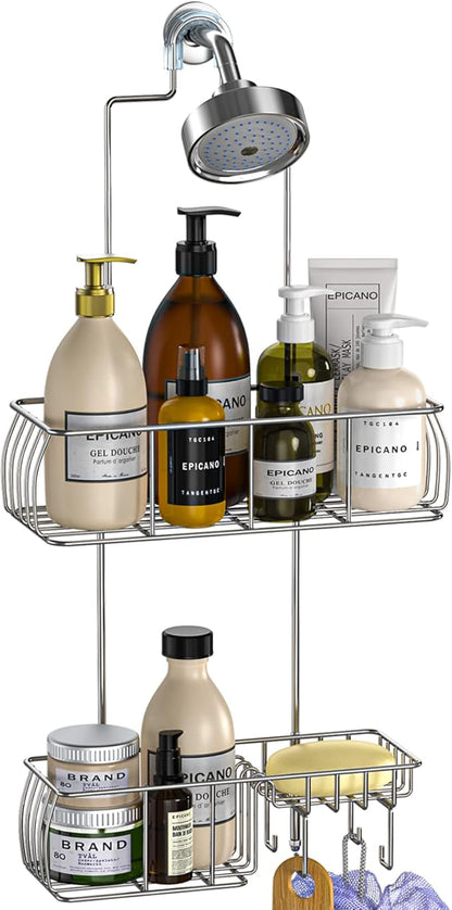 Epicano Anti-Swing Hanging Shower Caddy Stainless Steel 304, Over Head Shower Caddy Rustproof with hooks for Towels, Sponge and more, Chrome