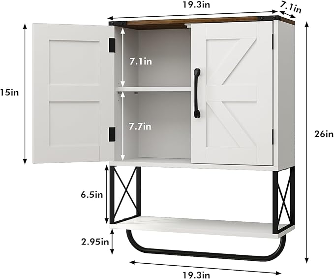 RUSTOWN Farmhouse Medicine Cabinet with 2 Barn Door, Boho Wood Wall Mounted Storage Cabinet with Adjustable Shelf and Towel Bar, 3-Tier Bathroom Cabinet for Bathroom (White and Walnut)