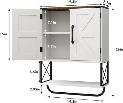 RUSTOWN Farmhouse Medicine Cabinet with 2 Barn Door, Boho Wood Wall Mounted Storage Cabinet with Adjustable Shelf and Towel Bar, 3-Tier Bathroom Cabinet for Bathroom (White and Walnut)