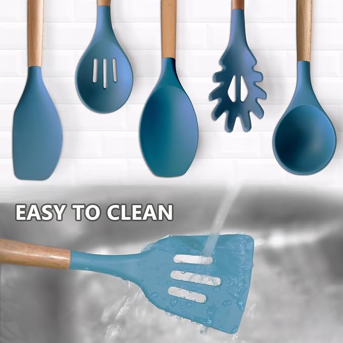 IOCBYHZ Silicone Cooking Utensils Set 6Pcs Heat Resistant Silicone Kitchen Utensils Set for Cooking Spatula Spoon Turner Ladle w Wooden Handle, BPA FREE Kitchen Gadgets for Nonstick Cookware & Baking