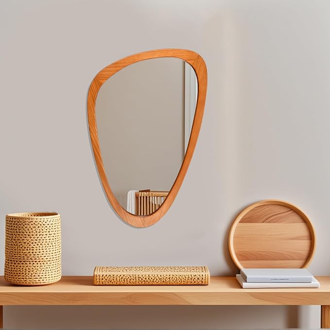 FUIN Asymmetrical Irregular Wall Mirror 30.5" x 19.5" – Solid Wood Frame Mid Century Modern Decor, Organic Pebble Shaped HD Glass for Bathroom Vanity, Bedroom, Living Room & Entryway (Teak Finish)