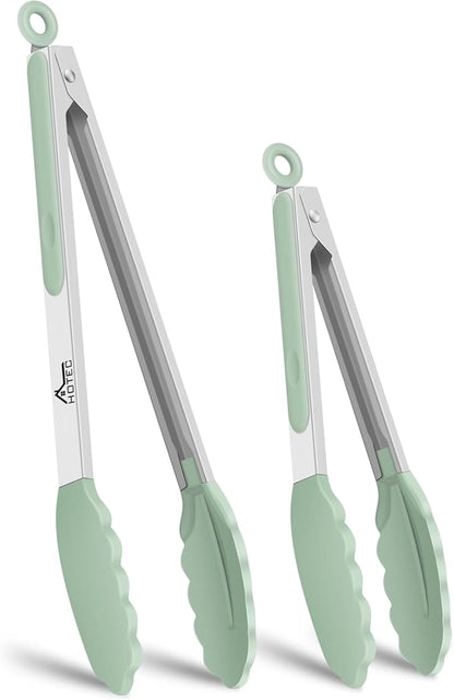 HOTEC Premium 7 & 9 Inch Kitchen Tongs, Stainless Steel Locking Cooking Tongs with Silicone Tips, Non-Scratch & Heat Resistant, Serving Tongs for Salad, BBQ, Light Green, Set of 2
