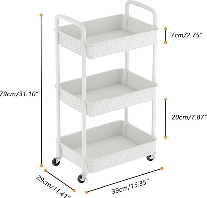 MOYIPIN 3-Tier Plastic Rolling Utility Cart with Handle,Utility Storage Cart for Office, Living Room, Kitchen,Movable Storage Organizer Shelves,White