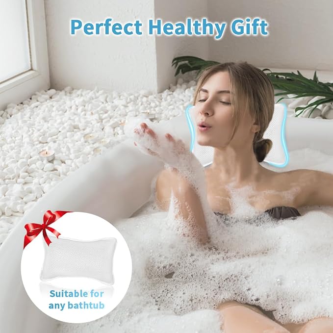 Luxury Bath Pillows for Tub, Slip Resistant Waterproof Bath Pillows for Tub Neck and Back Support with 2 Strong Suction Cups, Relaxing Spa Essentials (White)