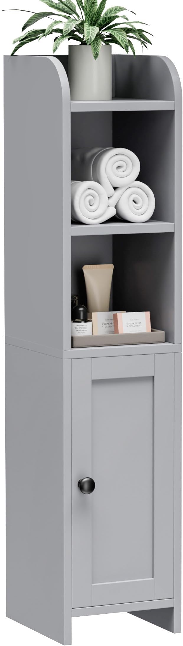 Homhedy Small Bathroom Storage Corner Floor Cabinet with Door and Shelves, Beside The Toilet Paper Stand for Skinny, Narrow Toilet Paper Cabinet, 7.9" D x 7.1" W x 31" H, Gray