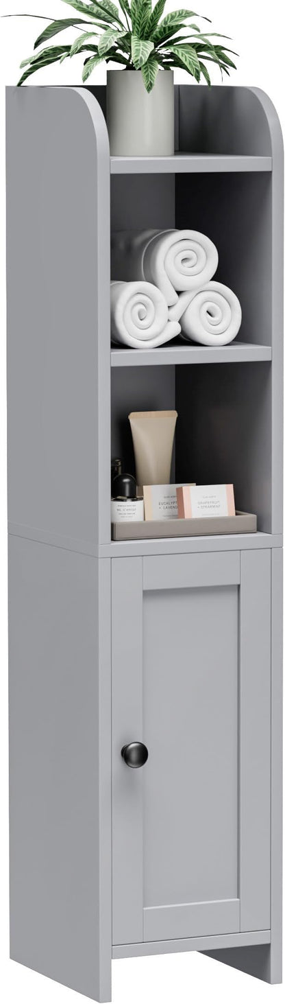 Homhedy Small Bathroom Storage Corner Floor Cabinet with Door and Shelves, Beside The Toilet Paper Stand for Skinny, Narrow Toilet Paper Cabinet, 7.9" D x 7.1" W x 31" H, Gray