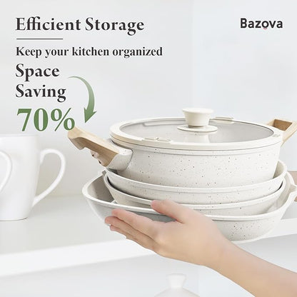 19 Pcs Pots and Pans Set Non Stick Ceramic Cookware Set with Removable Handles, Non Toxic Induction Kitchen Cookware Sets RV Cookware,Dishwasher/Oven Safe PFAS/PTFE/PFOA Free Cream White