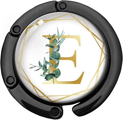 Gold Initial Foldable Purse Hook Gifts, Eucalyptus Letter Handbag Hanger, Women's Bag Hanger Holder, Round Purse Table Hook, Funny Desk Decor Gifts for Women Coworker Friend (Eucalyptus E)
