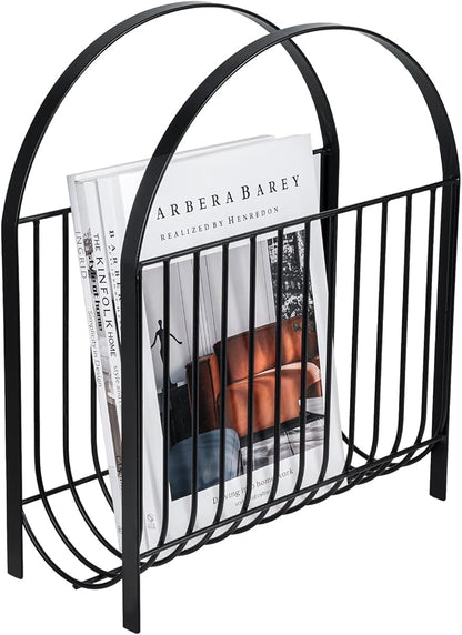 MyGift Deluxe Mid Century Metal Wire Magazine Rack in Matte Black Finish, Tabletop or Floor Standing Sling Basket for Magazines and Newspapers