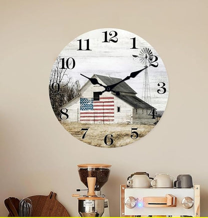 XFM Farmhouse Wall Clock 20 Inch Rustic Barn Wooden Clocks Silent Non-Ticking Battery Operated Country Landscape Small Round Clock for Living Room Kitchen Bedroom Office