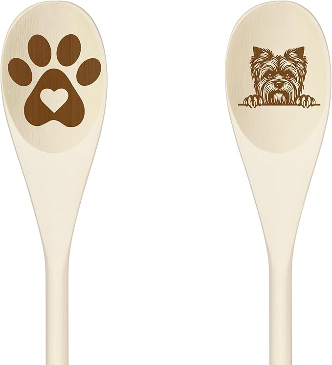 YORKSHIRE TERRIER Wooden Spoons for Cooking, Serving or Decorative Kitchen Utensils Set Dog Lover Dog Mom/Dad Gift with Peeking Dog Designs, Paw Print and Dog Head, Kitchen Utensils Set of 2