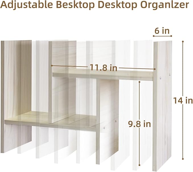 TY ARTS & CULTURE - Expandable Wood Desktop Storage Organizer Multipurpose Desk Bookshelf Display Shelf Rack Counter Top Bookcase for Office Home | Natural Beige