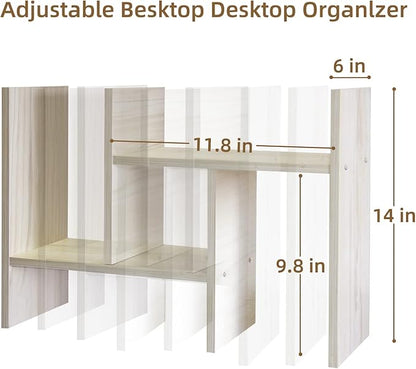 TY ARTS & CULTURE - Expandable Wood Desktop Storage Organizer Multipurpose Desk Bookshelf Display Shelf Rack Counter Top Bookcase for Office Home | Natural Beige