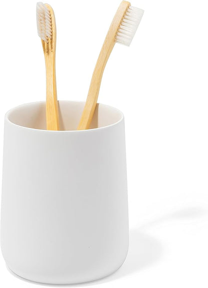 Yew Design Matte White Toothbrush and Toothpaste Holder and Cup for Bathroom Vanity and Countertop, Round Organizer for Electric Toothbrushes, Floss, Razors, Cotton, and Mouthwash